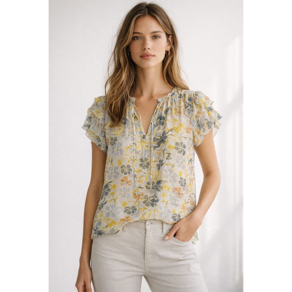 NWT Joie Tezza Women’s 100% Silk Floral Flutter Sleeve V-Neck Top Cerulean M